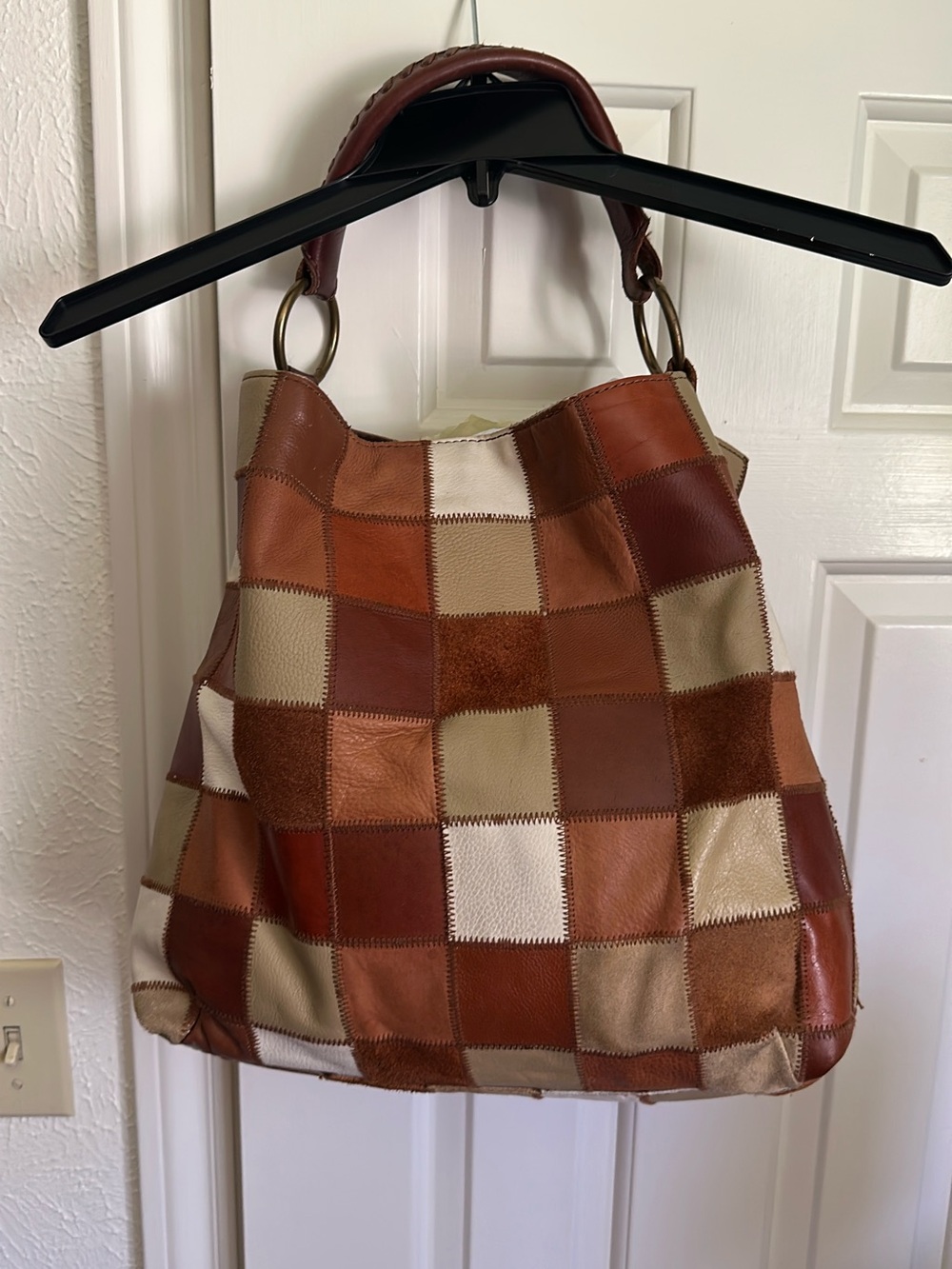 Patchwork Leather Shoulder Bag - Brown & Cream